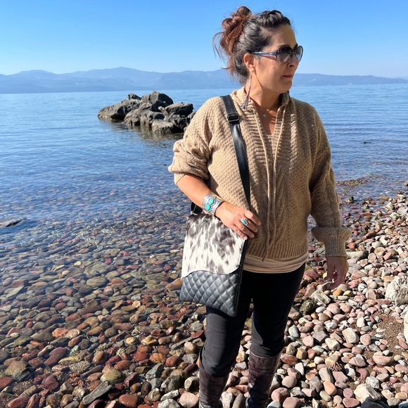 New Genuine Cowhide & Quilted Leather Crossbody Flap Bag Western Festival Black - Picture 13 of 16